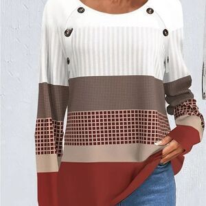 NEW Women Small Stripe Plaid Pattern Color block Shirt Button Decor Long Sleeve​